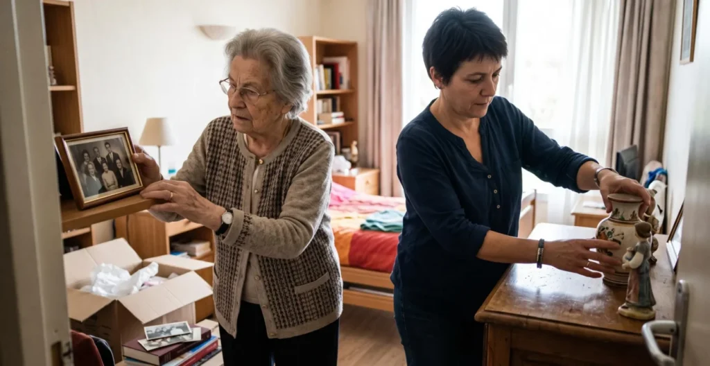 Résidente âgée et sa fille adulte installant ensemble des photos de famille et objets personnels dans une chambre d'EHPAD Résidente âgée et sa fille adulte installant ensemble des photos de famille et objets personnels dans une chambre d'EHPAD