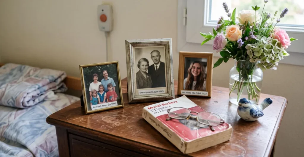 Gros plan sur des objets personnels disposés sur une table de nuit en EHPAD : photos de famille encadrées, livre, lunettes et vase de fleurs Gros plan sur des objets personnels disposés sur une table de nuit en EHPAD : photos de famille encadrées, livre, lunettes et vase de fleurs
