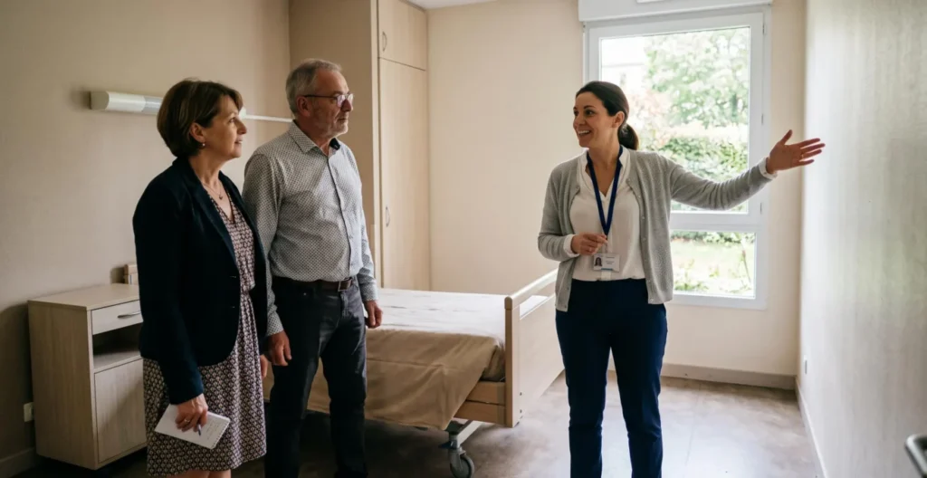 Couple d'âge mûr visitant une chambre d'EHPAD accompagné d'une responsable d'établissement qui explique les possibilités d'aménagement Couple d'âge mûr visitant une chambre d'EHPAD accompagné d'une responsable d'établissement qui explique les possibilités d'aménagement