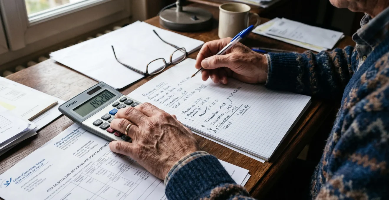 Un homme calcule son âge d'annulation de la décote sur son bureau.